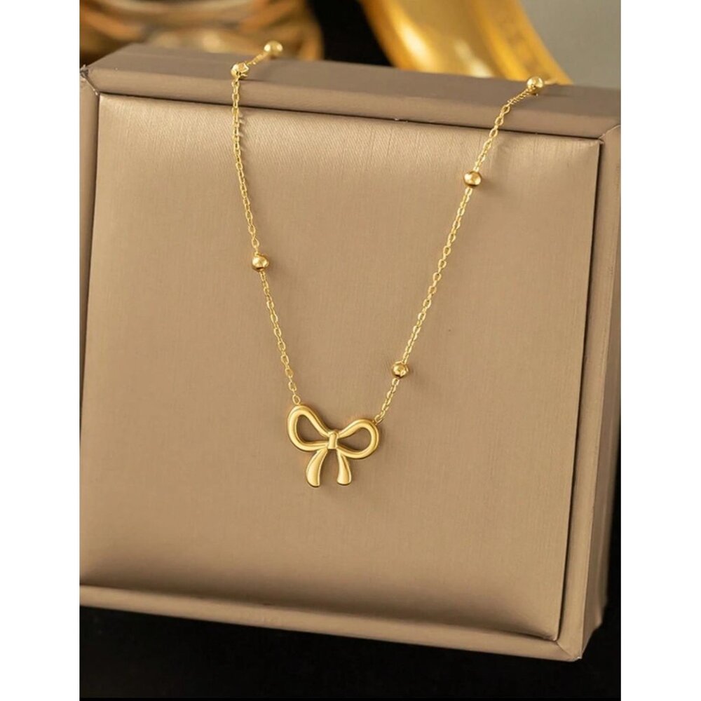 18k Golden Plated Stainless Steel Bow Pendant Necklace